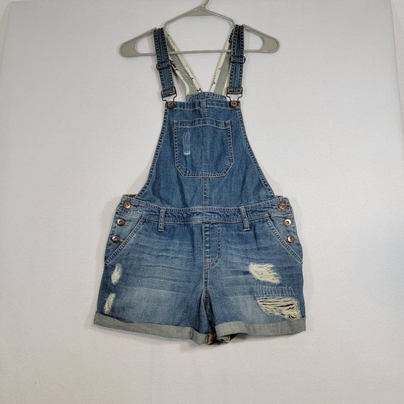 Forever 21 Womens Size 28 Denim Overall Shorts Distressed Destroyed Med … - Picture 1 of 6